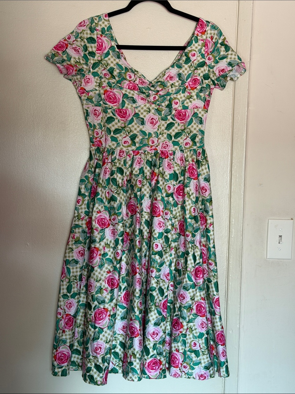 Unique Vintage S Pink Rose Print Fit-and-Flare Dress